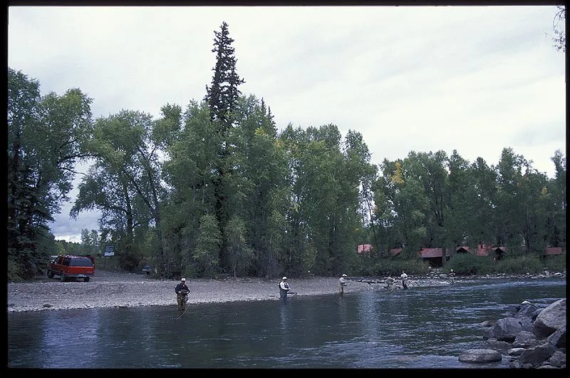 Crowds! - The Kokanee salmon gather in huge numbers where the Taylor and Gunnison streams run together. So does the anglers! This crowd was firmly set on their spots and not willing to give up their particular positions. The top man (right) would catch 10-20 fish for each 5 the second man would get. In that time the bottom man (left) would get nothing while the guy upstream from him would maybe get one fish!<br>This place would surely work well with a one-cast-one-step policy!