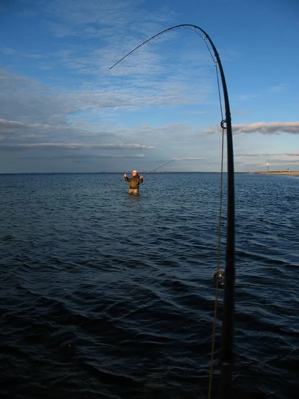 Under the arc - My rod with a fish on it frames Henning in the background